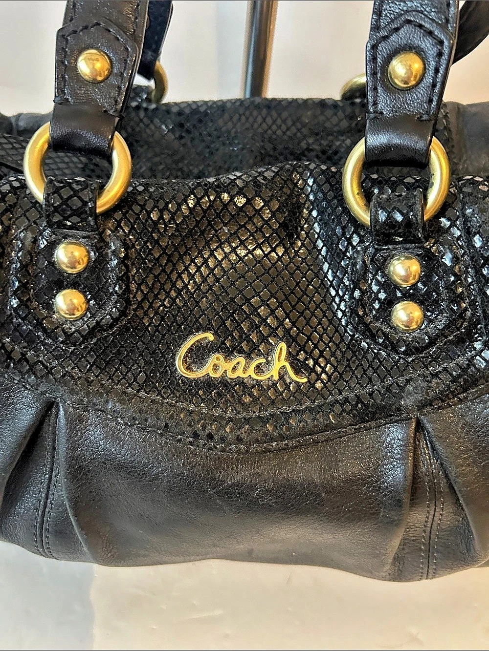 Coach Ashley Black Leather & Snake-Embossed Satchel/ Shoulder Bag Beautiful - Picture 3 of 16